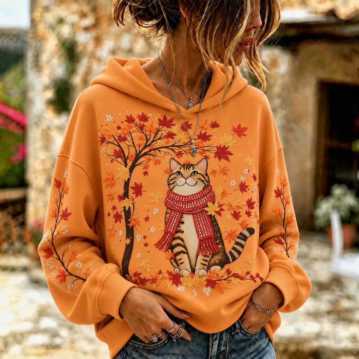 Women's Autumn Maple Leaf Cat Art Pattern Casual Hoodie