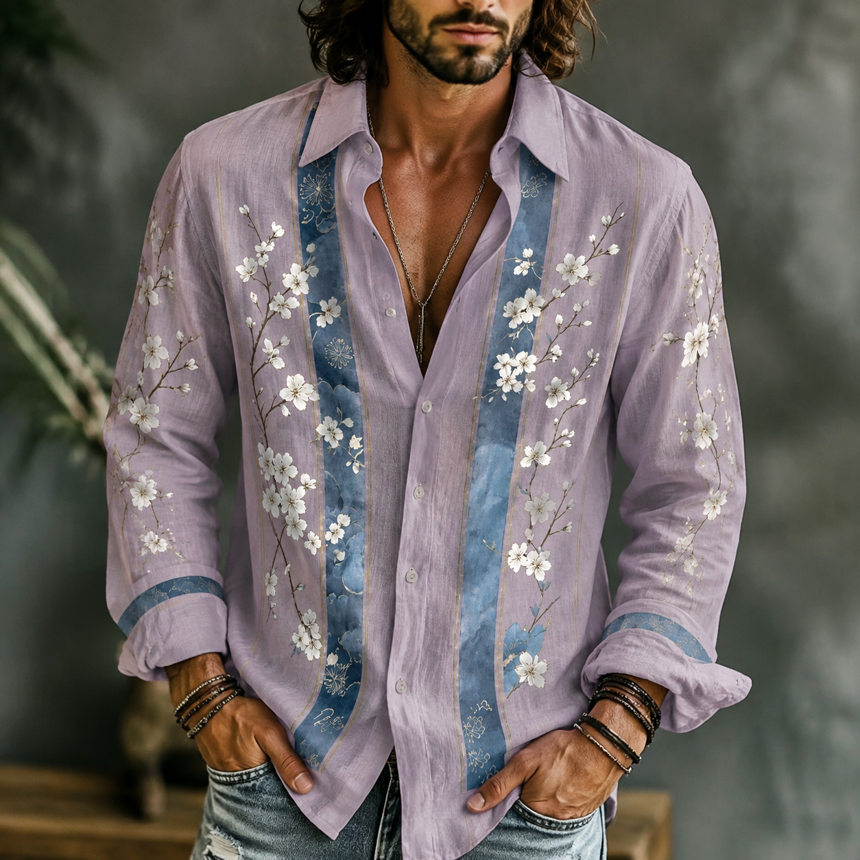 Men's Retro Bohemian Striped Color-blocked Japanese Cherry Blossom Embroidered Print Shirt