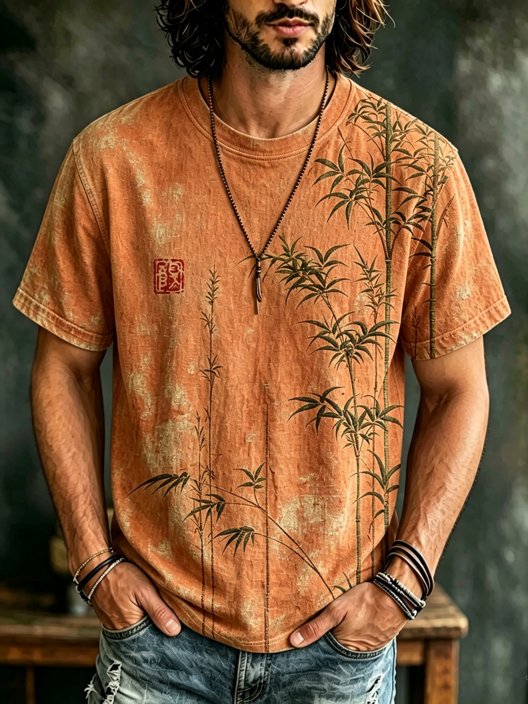 Men's Bamboo Japanese Art Print Casual T Shirt