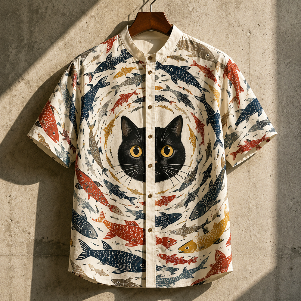 Men's Short Sleeve Casual Shirt - Black Cat Face And Colorful Swirling Fish Pattern Mandarin Collar Top
