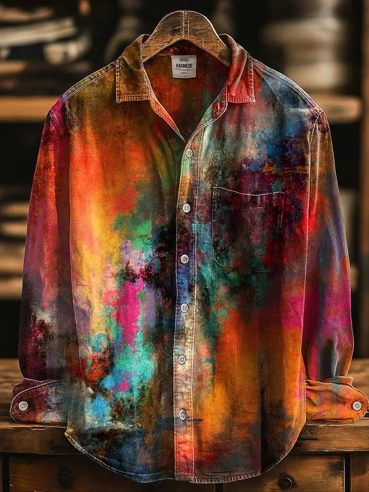 Men's Vintage Impressionist Abstract Art Print Flowy Linen Blend Casual Long Sleeve Shirt
