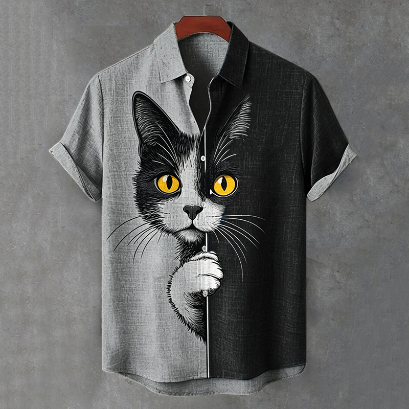 Men's  The Peeping Cat Colorblock Art Casual Short Sleeve Shirts