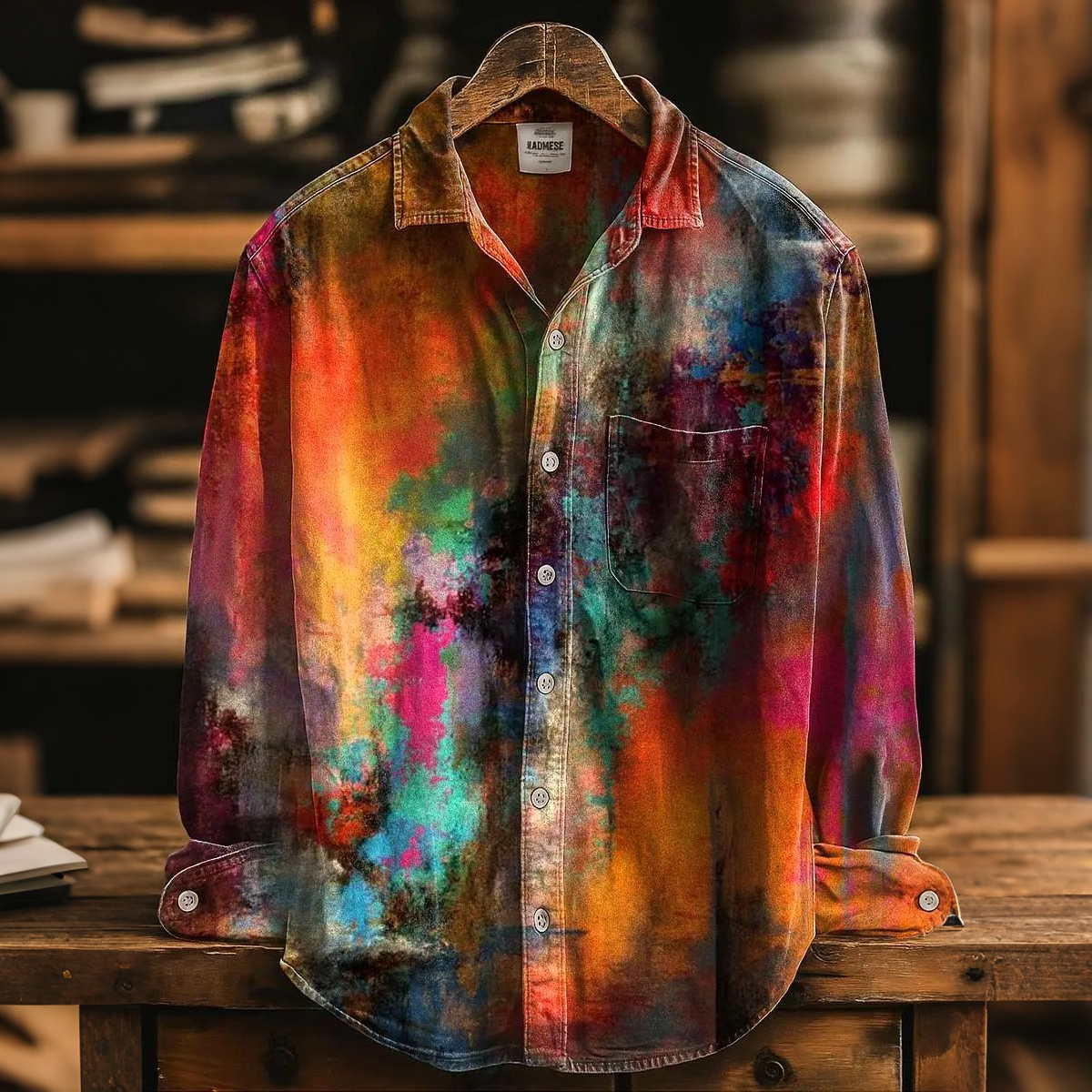 Men's Vintage Impressionist Abstract Art Print Flowy Linen Blend Casual Long Sleeve Shirt