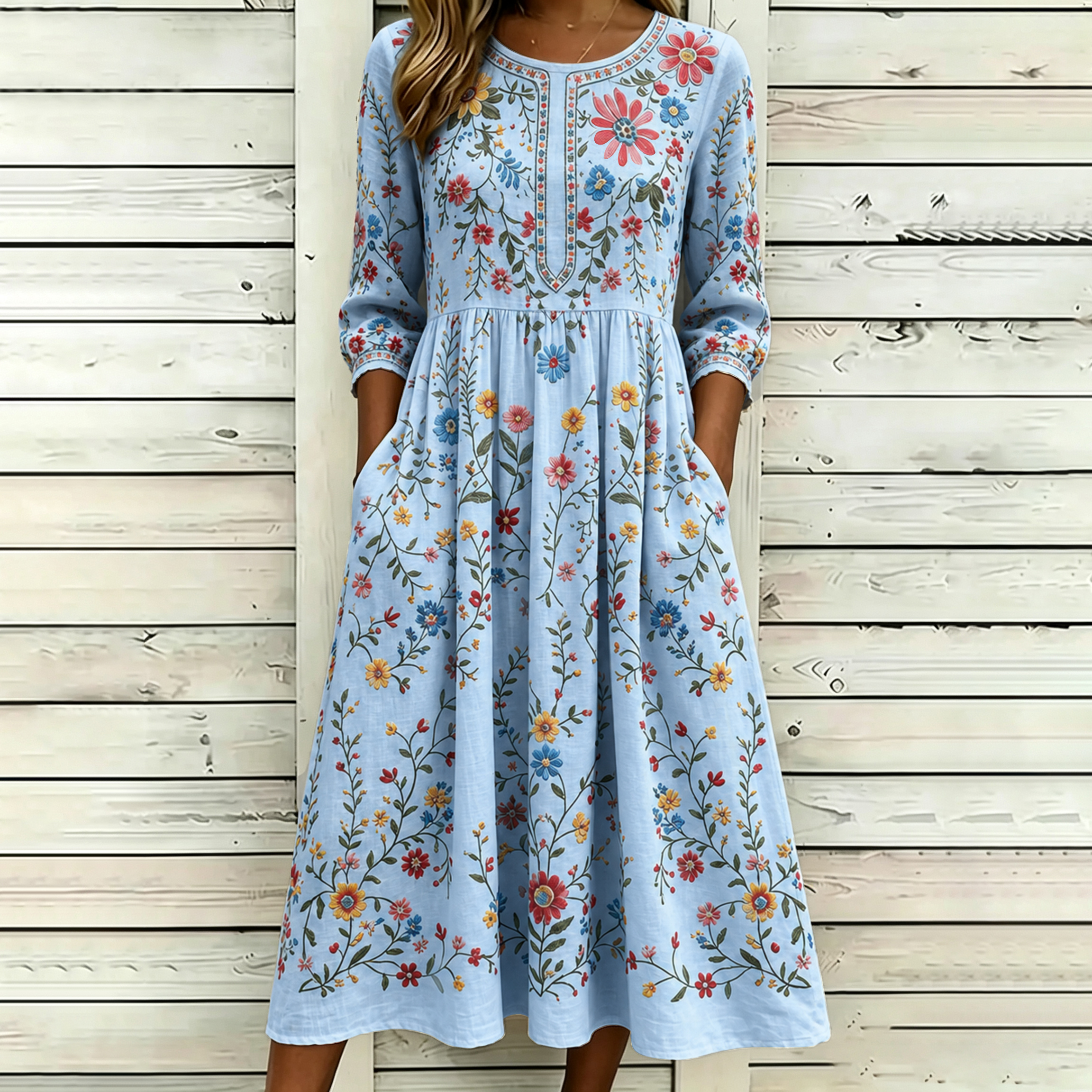 Women's Vintage Floral Pattern Art Printed Linen Blend Dress