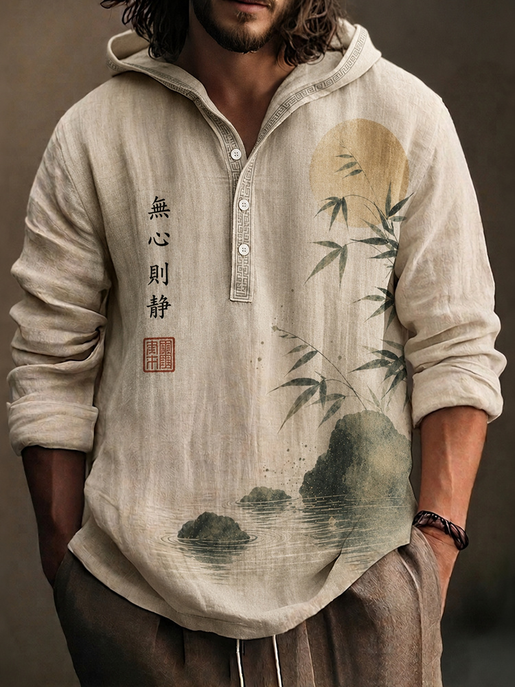 Men's Vintage Japanese Bamboo Art Print Long Sleeve Hoodie