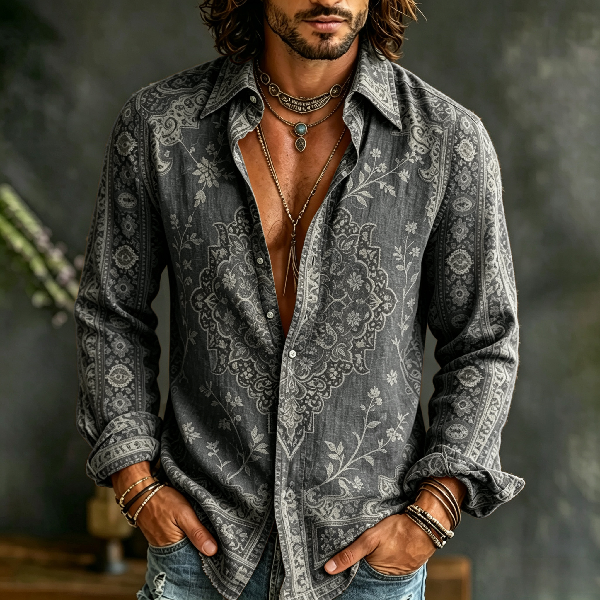 Men's Vintage Ethnic Geometry And Floral Print Flowy Linen Blend Casual Shirt