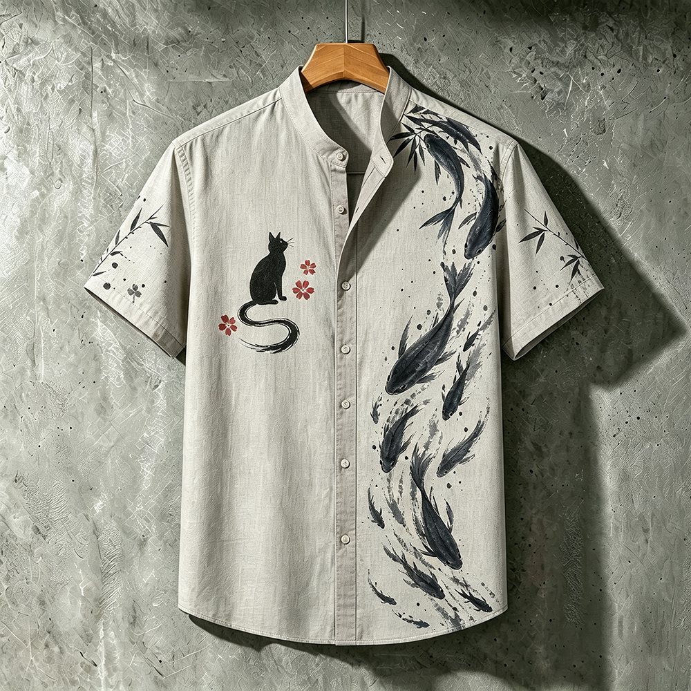 Men's Short Sleeve Mandarin Collar Shirt - Black Cat, Red Flowers And Ink Wash Fish School Print Casual Top