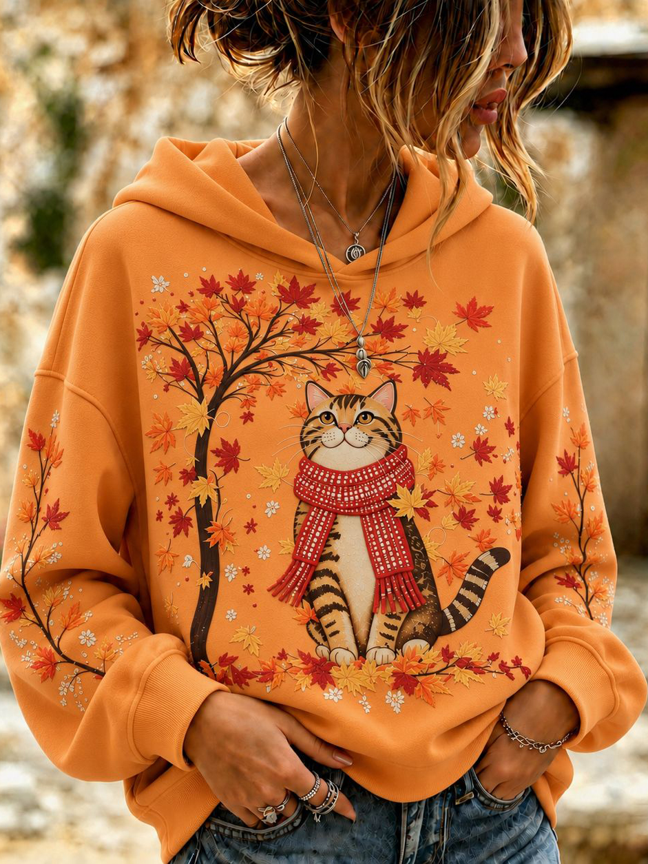 Women's Autumn Maple Leaf Cat Art Pattern Casual Hoodie