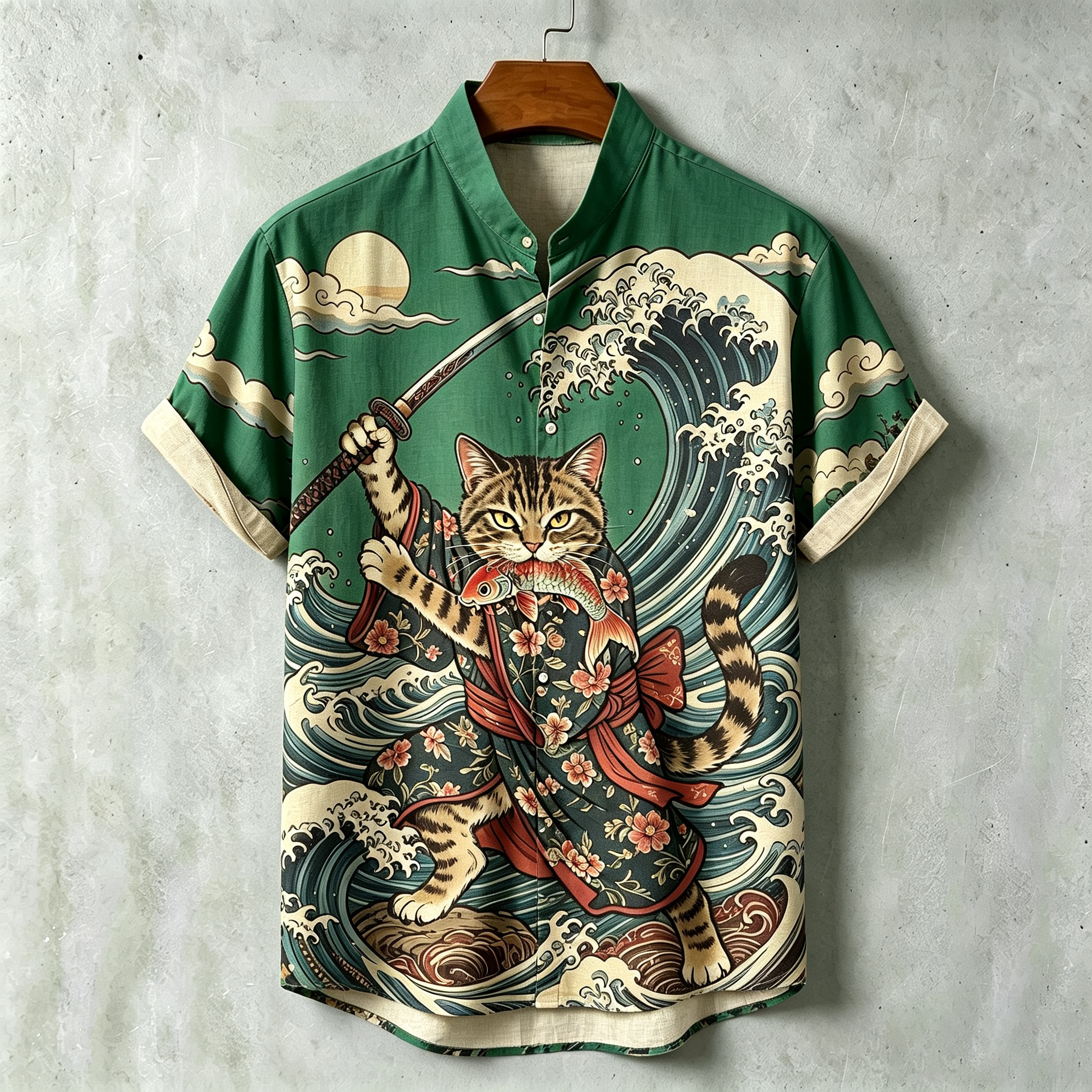 Men's Samurai Wave Print Short-sleeve Cotton Linen Shirt