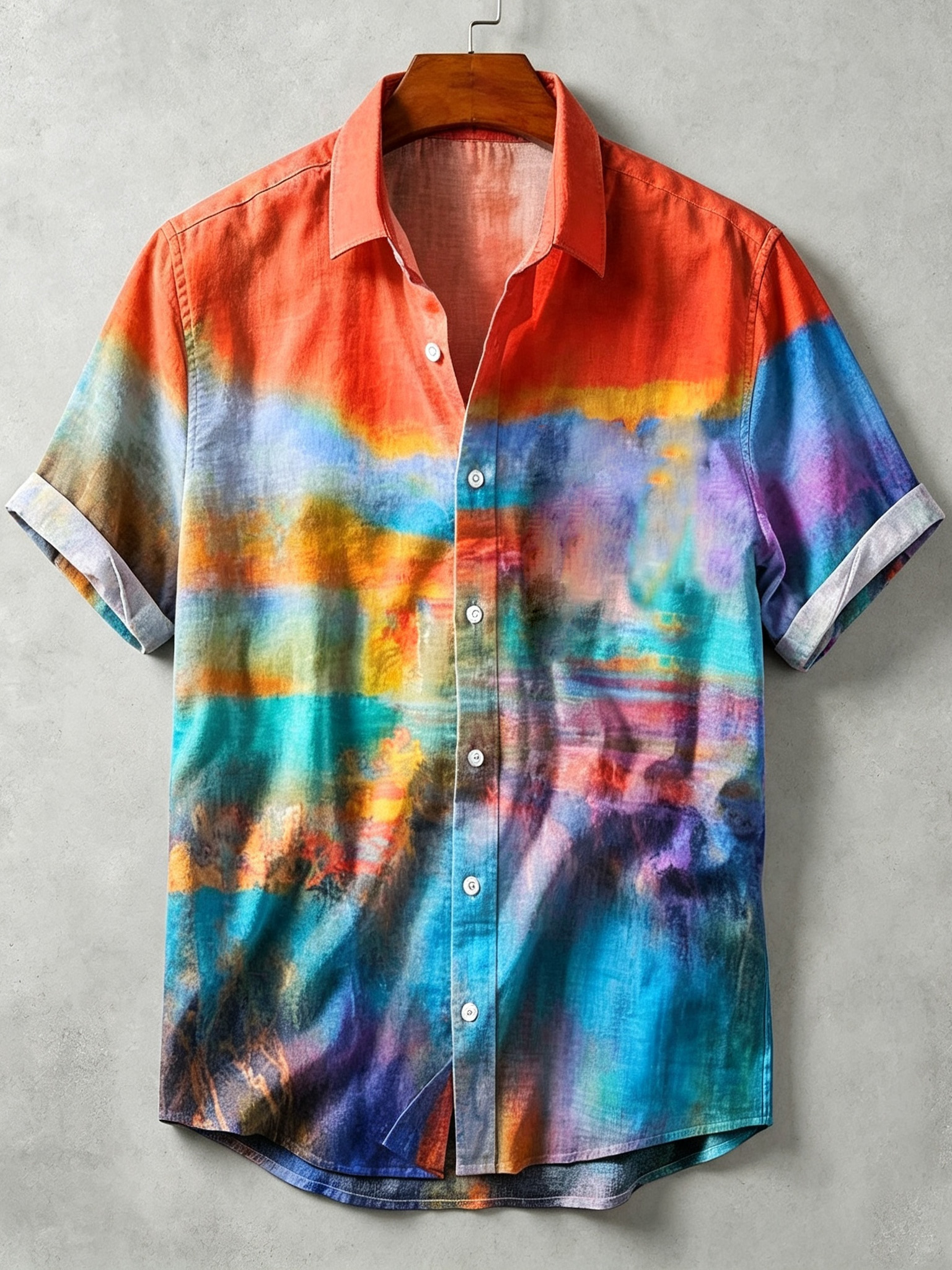Men's Abstract Sunset Color Gradient Pattern Art Print Cotton Linen Short-sleeve Shirt