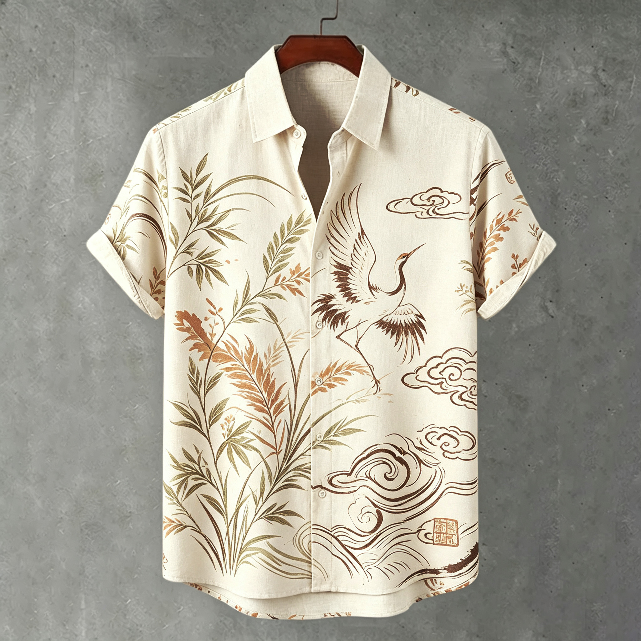 Men's Retro Japanese Crane And Floral Print Linen Blend Short-sleeve Shirt