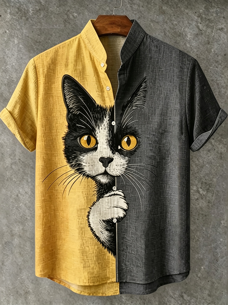Men's The Peeping Cat In Colorblock Art Casual Short Sleeve Shirts