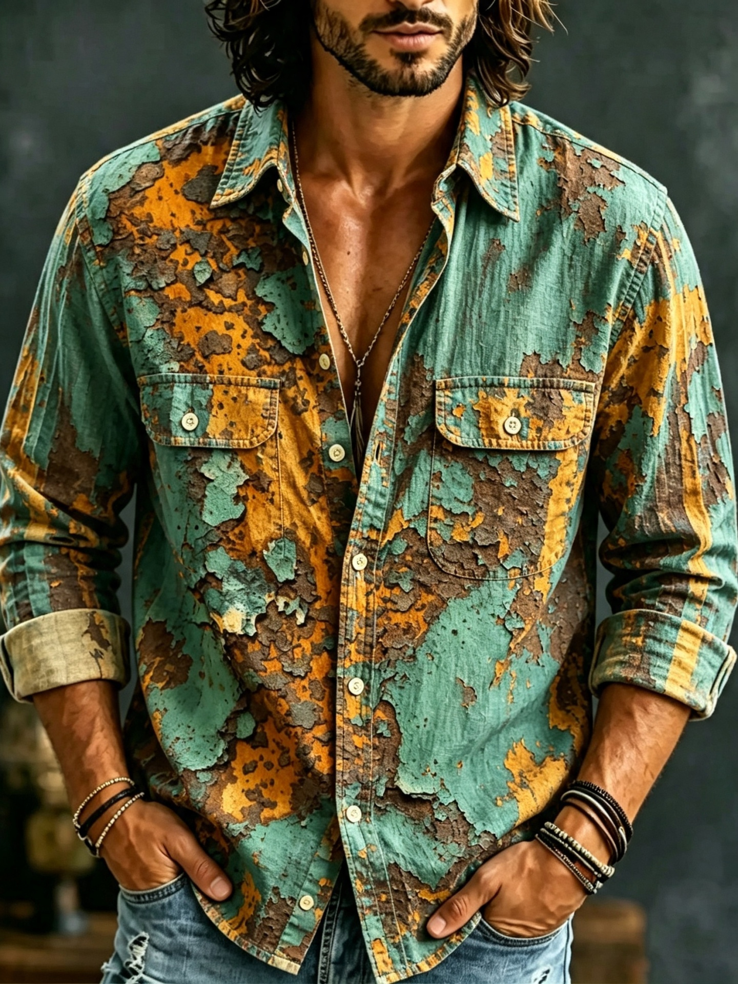 Men's Retro Industrial Distressed Texture Print Pocket Shirt