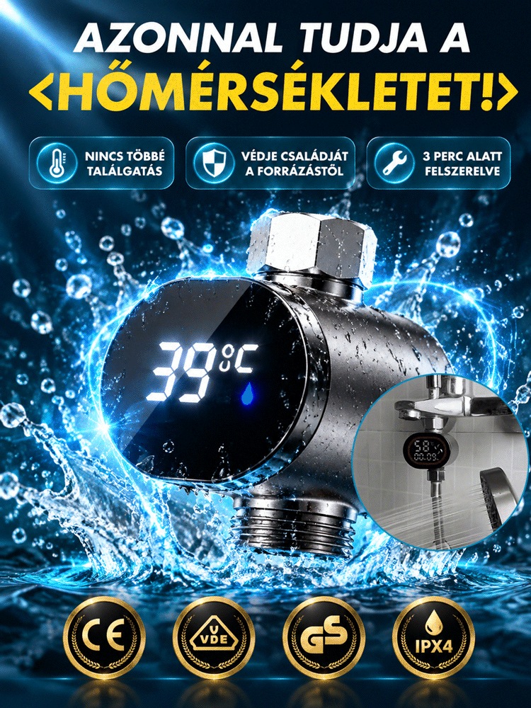 🔥👍Intelligens LED Zuhanyhőmérő | 360°-os HD Kijelző, Precíz Mérés| 3 Perces Telepítés | -50% AKCIÓ