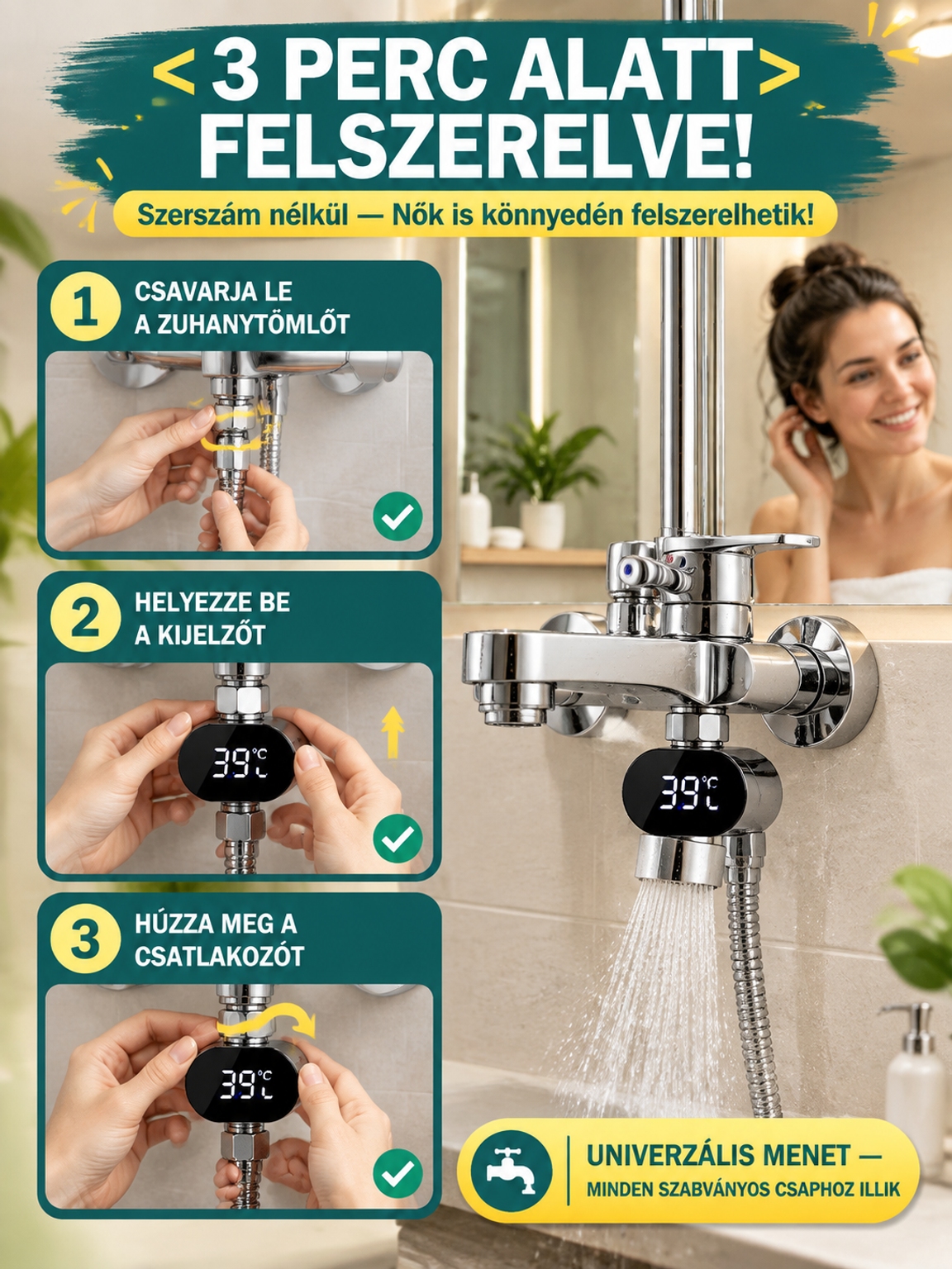 🔥👍Intelligens LED Zuhanyhőmérő | 360°-os HD Kijelző, Precíz Mérés| 3 Perces Telepítés | -50% AKCIÓ