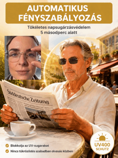 Keret nélküli titán multifokális olvasószemüveg – 3 másodperc alatt sötétedő, kékfény-szűrővel