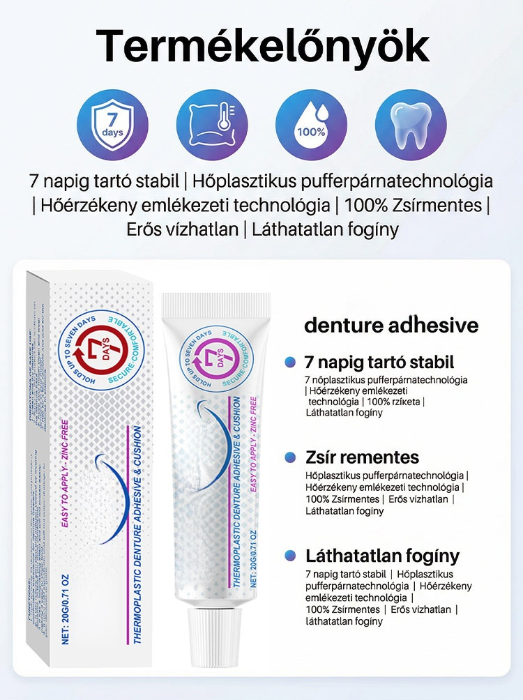 【1 Kenés = 7 Nap Tartás】100% Cinkmentes Hőplasztikus Műfogsor Párna | Zárja ki az Ételmaradékot, Harapj Bátran!