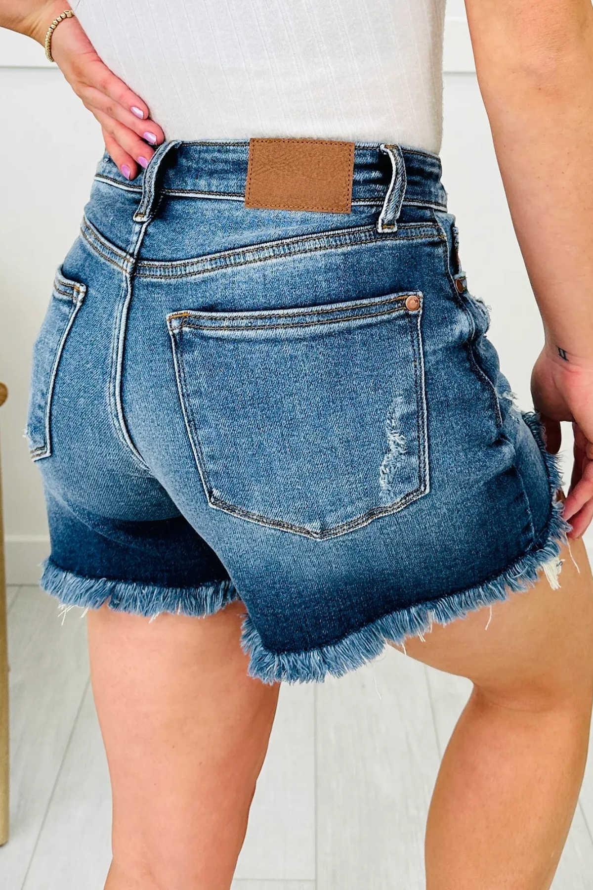 Tummy Control Adjustable Button Distressed Shorts