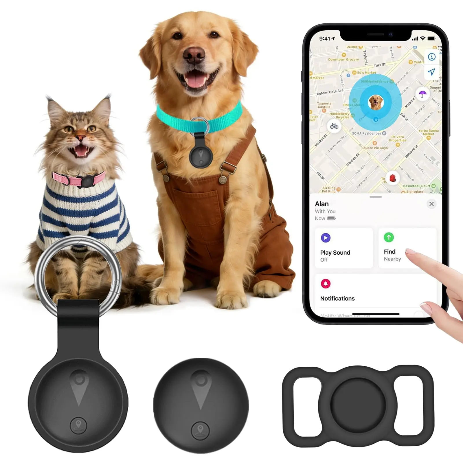 Wireless Pet GPS Tracker Collar - for Cats and Dogs,Compatible with iOS "Find My" Feature, Includes SiliconeCollar Mount & Keychain Case, No Monthly Fee/SIM CardNeeded, Anti-Loss Device for Pets & Items