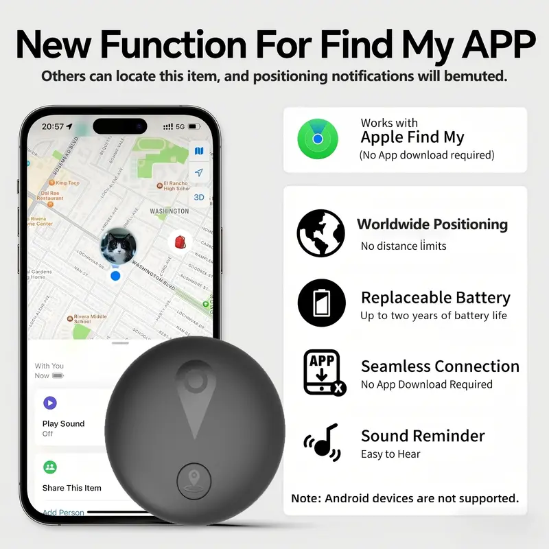 Wireless Pet GPS Tracker Collar - for Cats and Dogs,Compatible with iOS "Find My" Feature, Includes SiliconeCollar Mount & Keychain Case, No Monthly Fee/SIM CardNeeded, Anti-Loss Device for Pets & Items