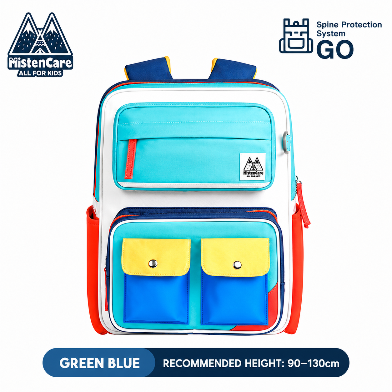 【Mistencare】Lightweight Ergonomic Backpack with Zipper for Grades 1–2, Designed to Reduce Shoulder and Back Strain —Green-Blue, J6131