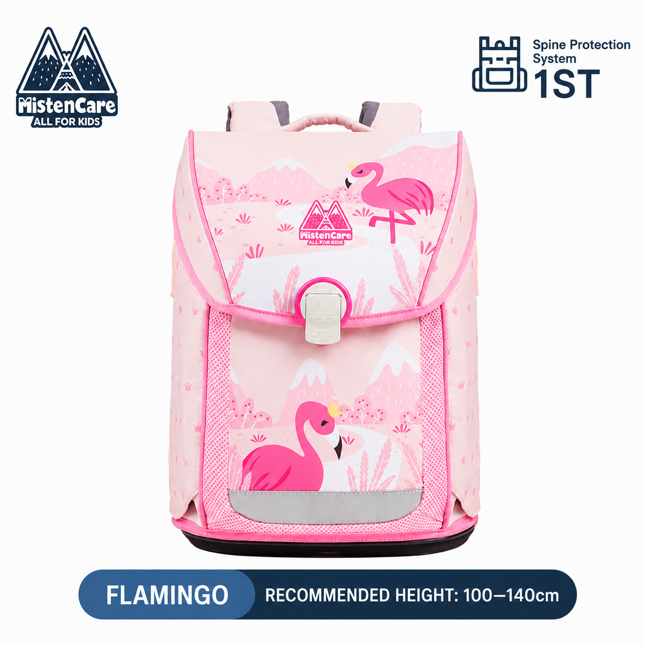 【Mistencare】1st Generation Buckle Backpack for Grades 1–3, Ergonomic Spine Support, Pressure-Relieving, Ultra-Lightweight, Large-Capacity Primary School Backpack, Flamingo Design, M0215
