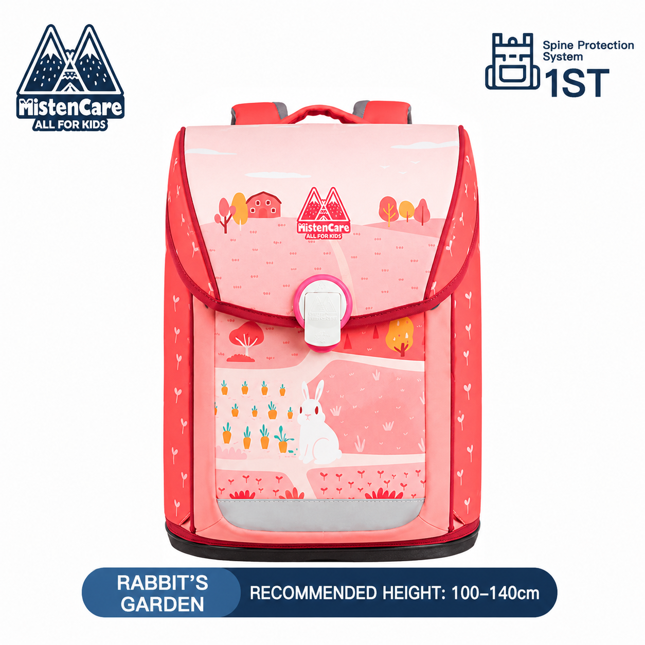 【Mistencare】1st Generation Buckle Backpack for Grades 1–3, Ergonomic Spine Support, Pressure-Relieving, Ultra-Lightweight, Large-Capacity Primary School Backpack, Bunny’s Backyard Garden Design, M0212
