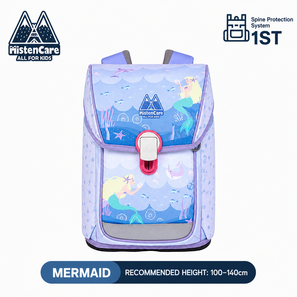 【Mistencare】1st Generation Buckle Backpack for Grades 1–3, Ergonomic Spine Support, Pressure-Relieving, Ultra-Lightweight, Large-Capacity Primary School Backpack, Mermaid Design, M0232