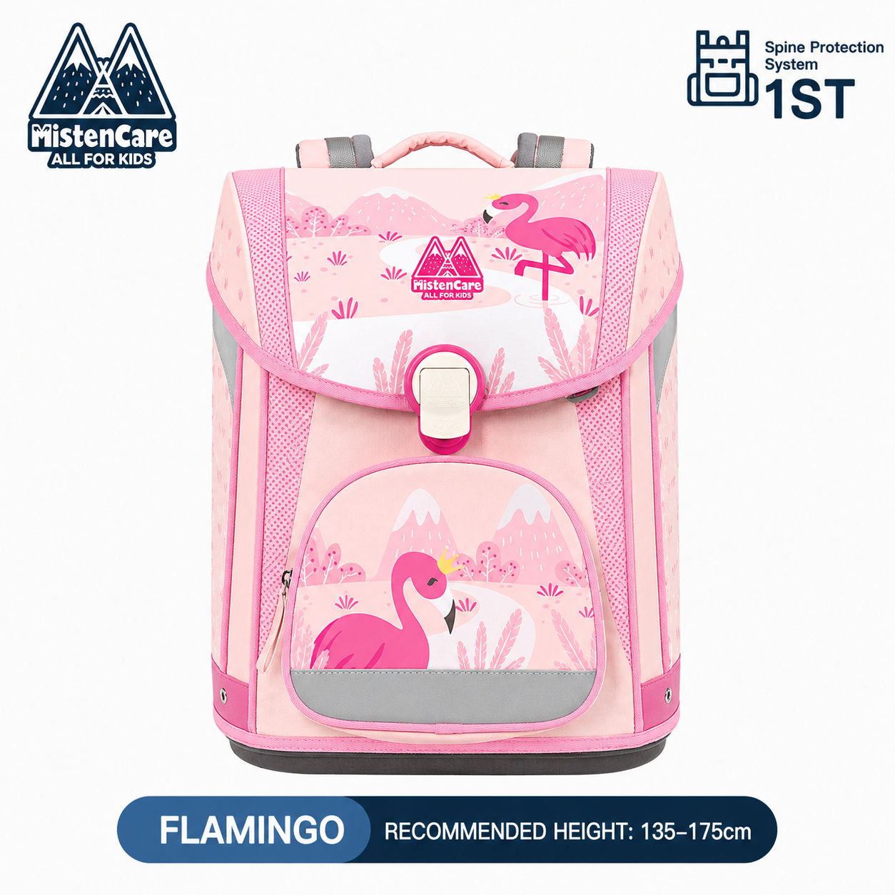 【Mistencare】1st Generation Buckle Backpack for Grades 3–6, Ergonomic Spine Support, Pressure-Relieving, Ultra-Lightweight, Large-Capacity Primary School Backpack,Flamingo Design, M1125