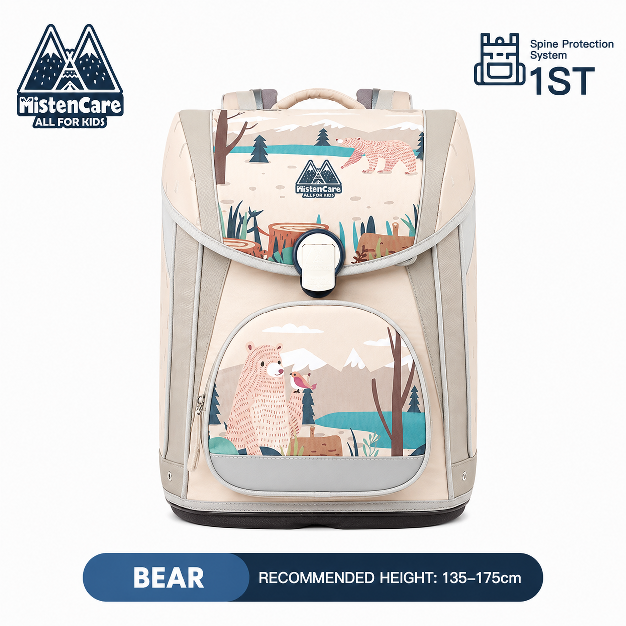 【Mistencare】1st Generation Buckle Backpack for Grades 3–6, Ergonomic Spine Support, Pressure-Relieving, Ultra-Lightweight, Large-Capacity Primary School Backpack,Bear Design, M1210
