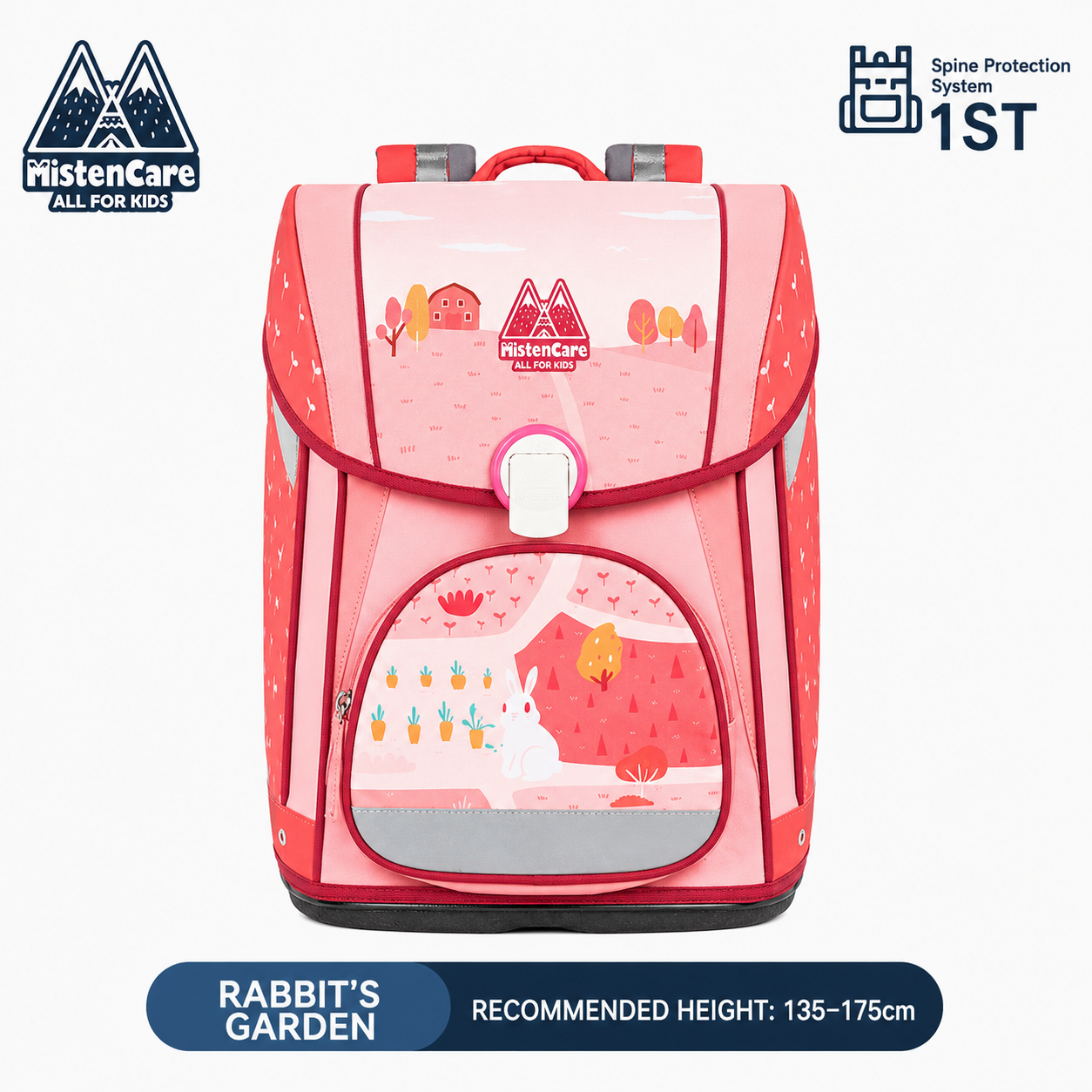 【Mistencare】1st Generation Buckle Backpack for Grades 3–6, Ergonomic Spine Support, Pressure-Relieving, Ultra-Lightweight, Large-Capacity Primary School Backpack, Bunny’s Backyard Garden Design, M1212