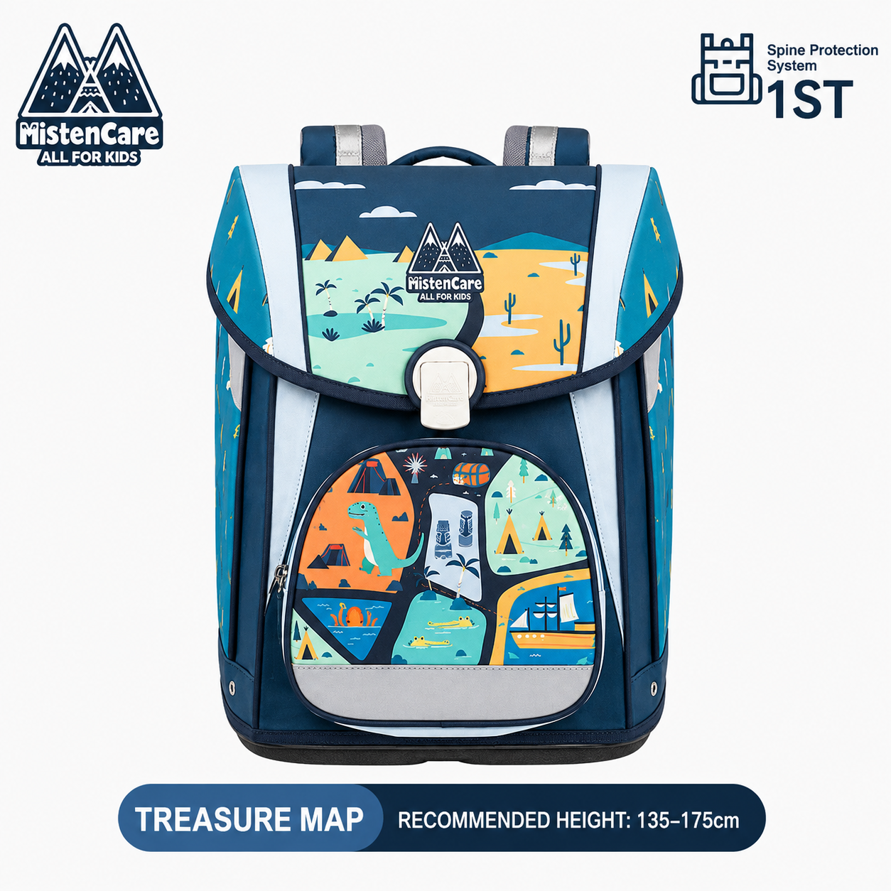 【Mistencare】1st Generation Buckle Backpack for Grades 3–6, Ergonomic Spine Support, Pressure-Relieving, Ultra-Lightweight, Large-Capacity Primary School Backpack,Treasure Map Design, M1228