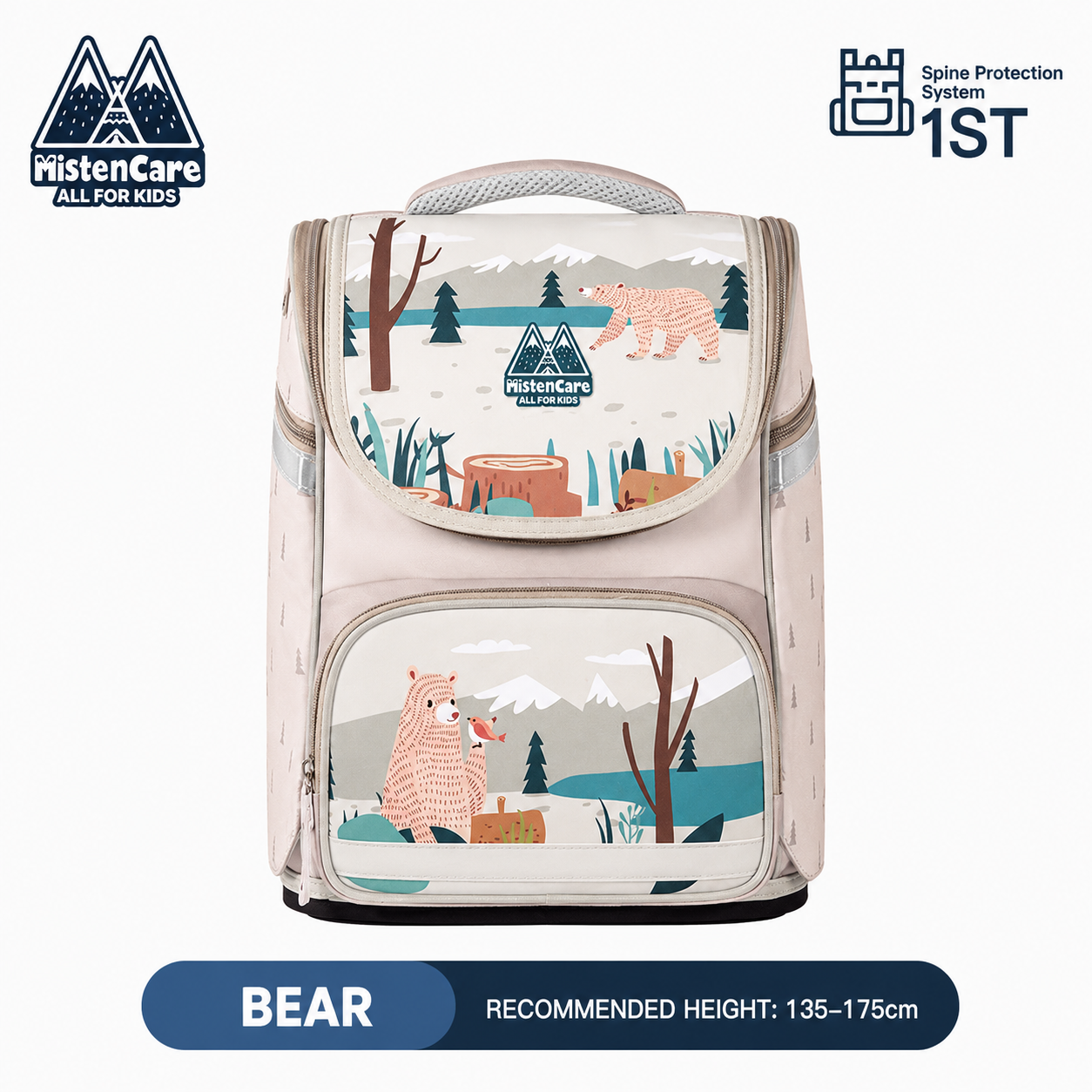 【Mistencare】1st Generation Zipper Backpack for Grades 3–6, Ergonomic Spine Support, Pressure-Relieving, Ultra-Lightweight, Large-Capacity Primary School Backpack, Bear Design, M3210