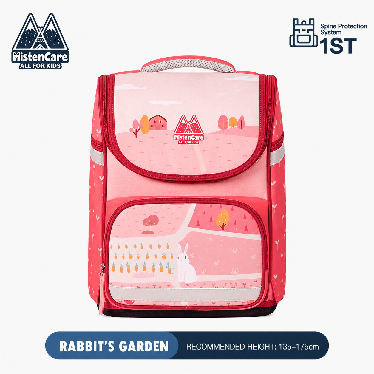 【Mistencare】1st Generation Zipper Backpack for Grades 3–6, Ergonomic Spine Support, Pressure-Relieving, Ultra-Lightweight, Large-Capacity Primary School Backpack, Bunny’s Backyard Garden Design, M3212