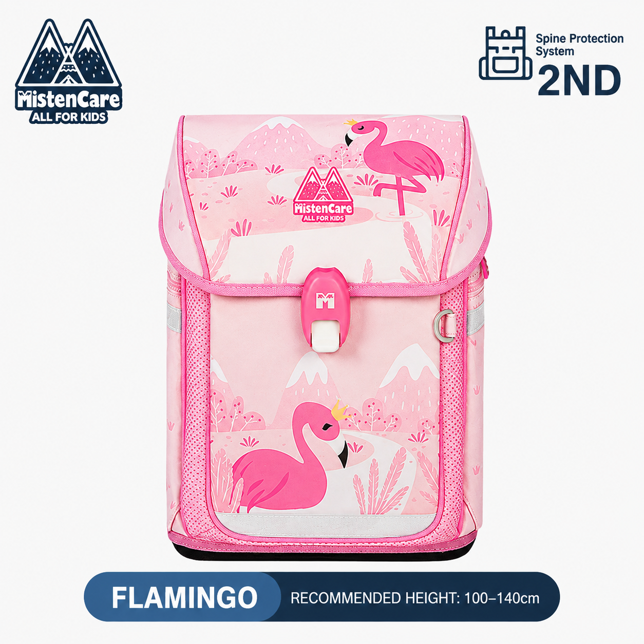 【Mistencare】2nd Generation Buckle Backpack for Grades 1–3, Ergonomic Spine Support, Pressure-Relieving, Ultra-Lightweight, Large-Capacity Primary School Backpack, Flamingo Design, M5125