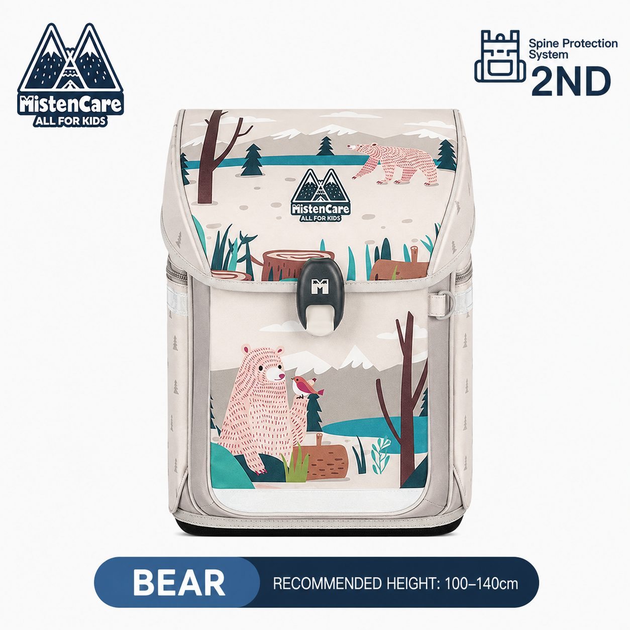 【Mistencare】2nd Generation Buckle Backpack for Grades 1–3, Ergonomic Spine Support, Pressure-Relieving, Ultra-Lightweight, Large-Capacity Primary School Backpack, Bear Design, M5210