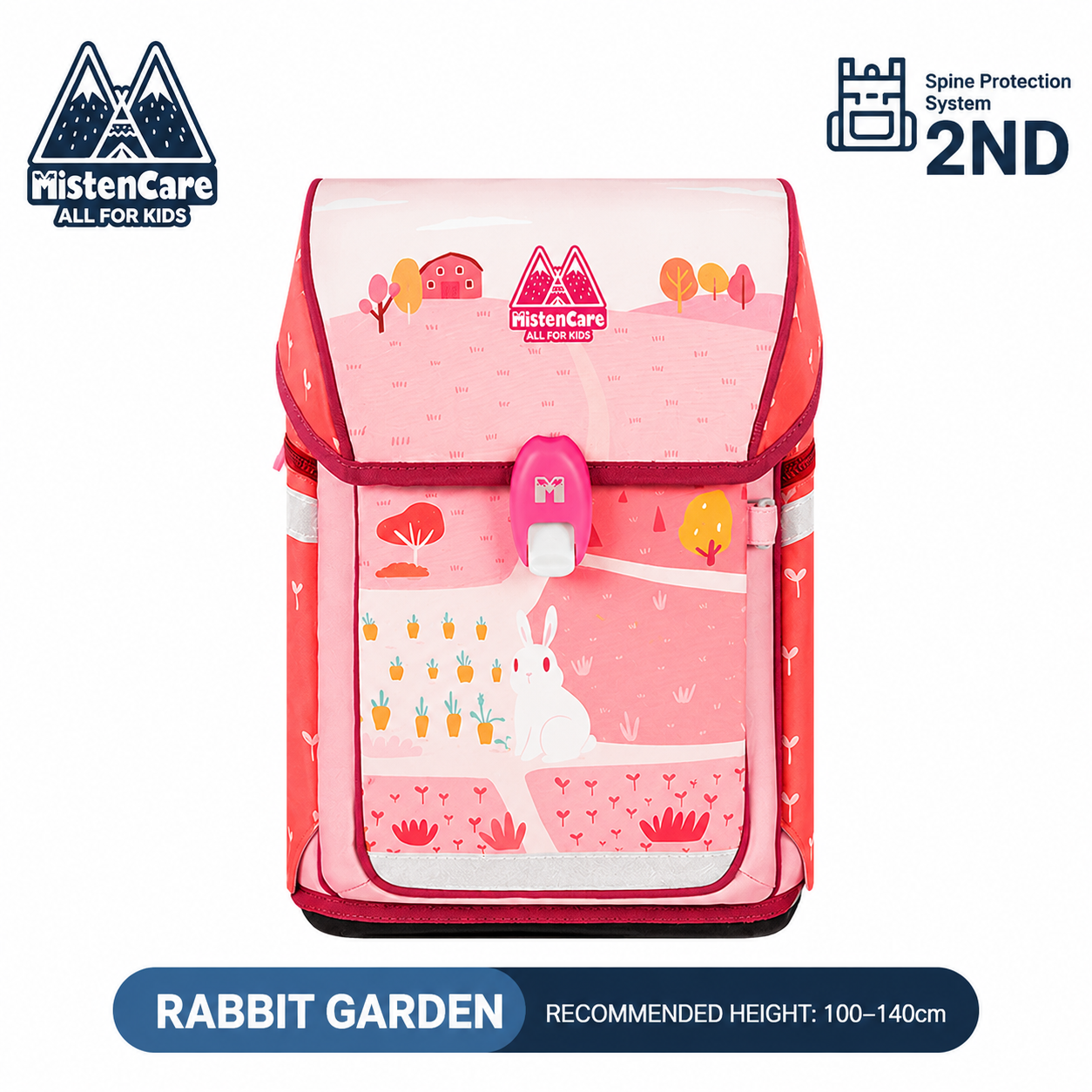 【Mistencare】2nd Generation Buckle Backpack for Grades 1–3, Ergonomic Spine Support, Pressure-Relieving, Ultra-Lightweight, Large-Capacity Primary School Backpack, Bunny’s Backyard Garden Design, M5212