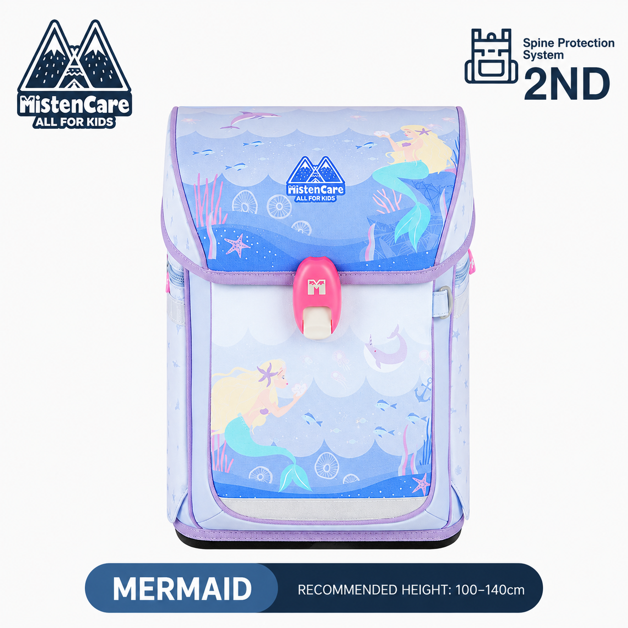 【Mistencare】2nd Generation Buckle Backpack for Grades 1–3, Ergonomic Spine Support, Pressure-Relieving, Ultra-Lightweight, Large-Capacity Primary School Backpack, Mermaid Design, M5232
