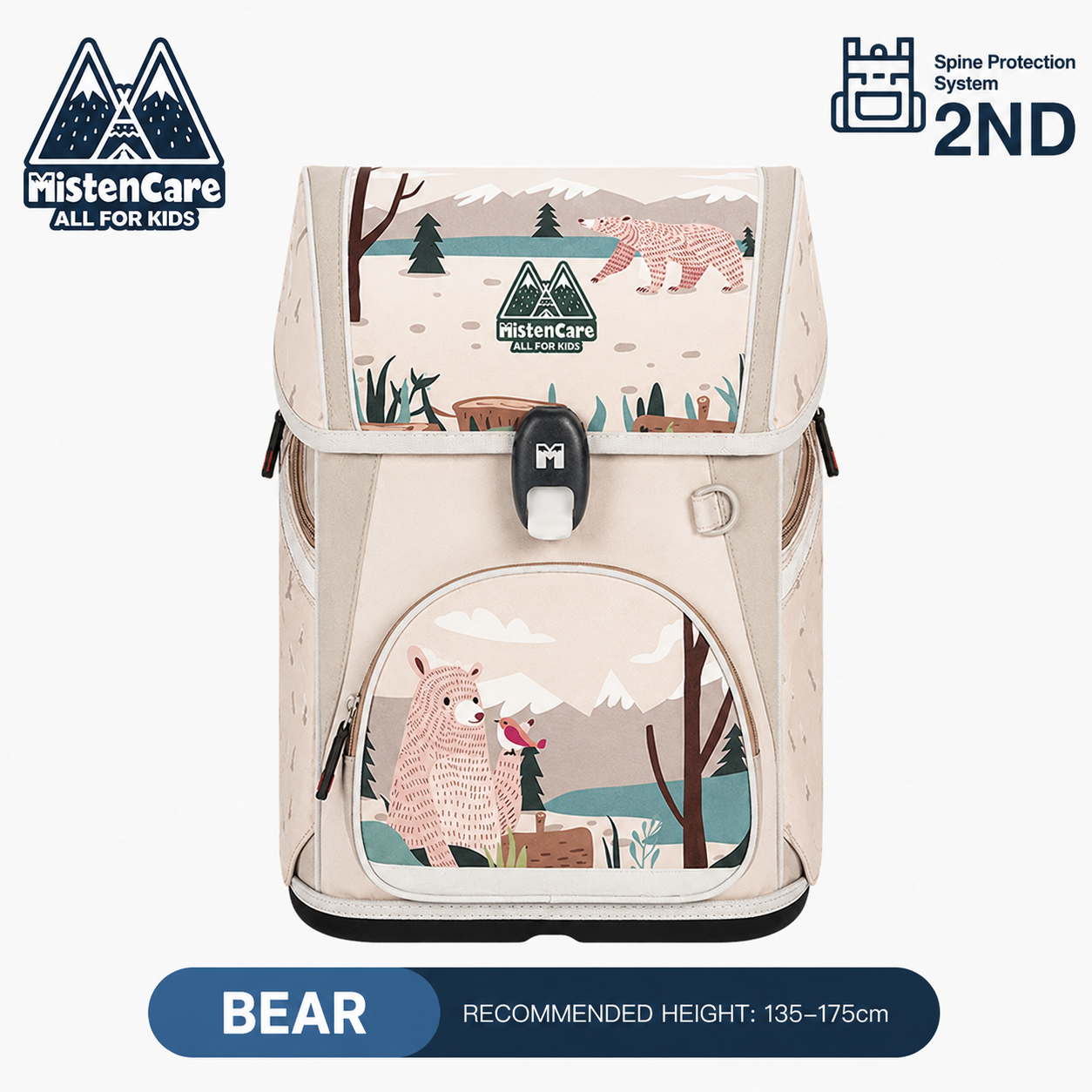 【Mistencare】2nd Generation Buckle Backpack for Grades 3–6, Ergonomic Spine Support, Pressure-Relieving, Ultra-Lightweight, Large-Capacity Primary School Backpack, Bear Design, M6210