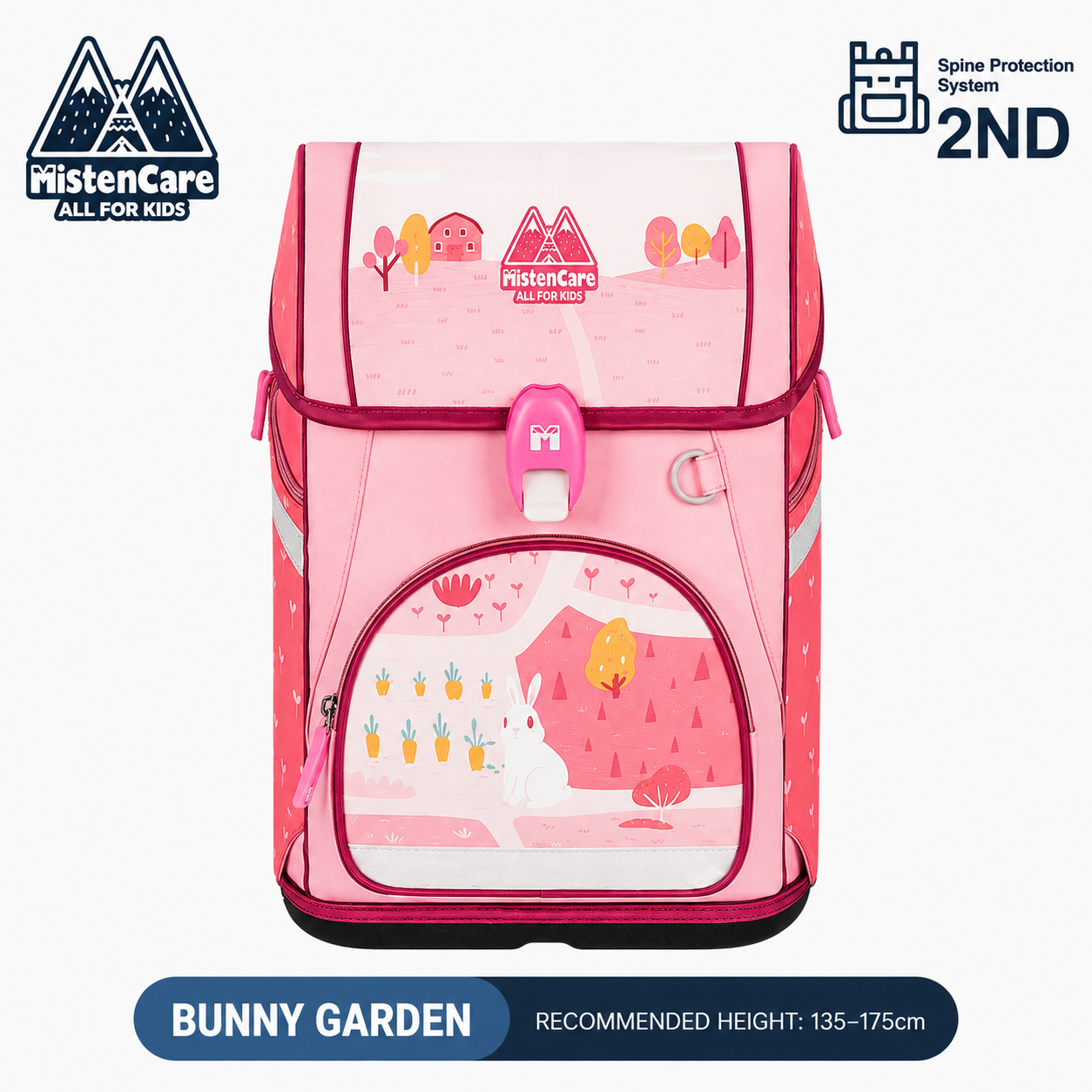 [【Mistencare】2nd Generation Buckle Backpack for Grades 3–6, Ergonomic Spine Support, Pressure-Relieving, Ultra-Lightweight, Large-Capacity Primary School Backpack, Bunny’s Backyard Garden Design, M6212