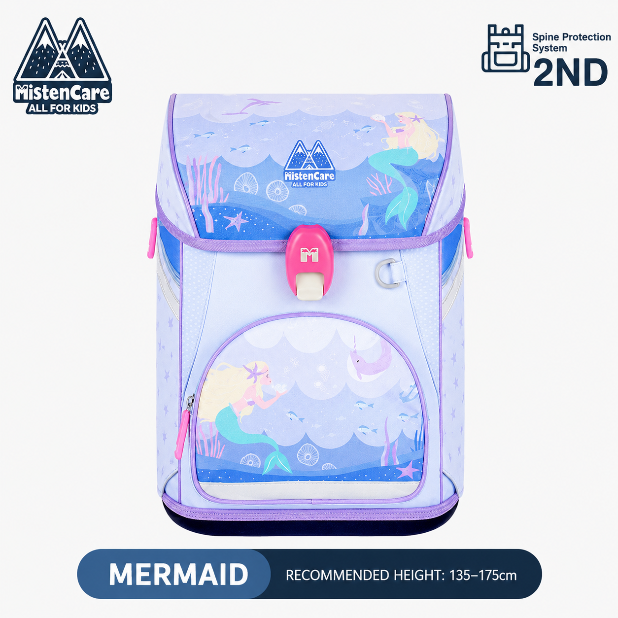 【Mistencare】2nd Generation Buckle Backpack for Grades 3–6, Ergonomic Spine Support, Pressure-Relieving, Ultra-Lightweight, Large-Capacity Primary School Backpack, Mermaid Design, M6232