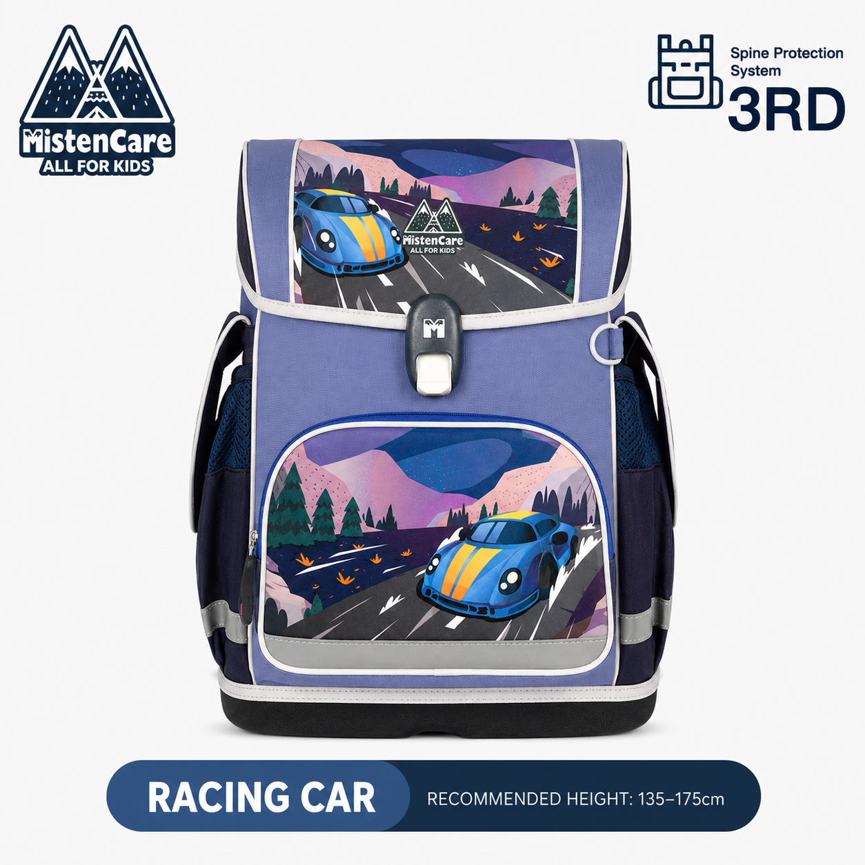 【Mistencare】3rd Generation Buckle Backpack for Grades 3–6, Ergonomic Spine Support, Pressure-Relieving, Ultra-Lightweight, Large-Capacity Primary School Backpack,Colorful Racing Car Design, ML622