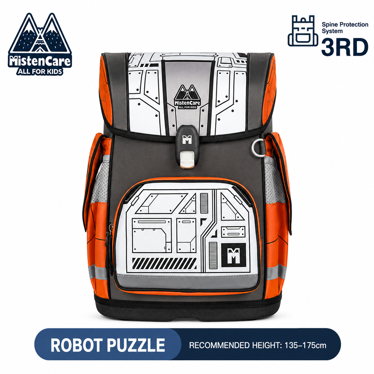 【Mistencare】3rd Generation Buckle Backpack for Grades 3–6, Ergonomic Spine Support, Pressure-Relieving, Ultra-Lightweight, Large-Capacity Primary School Backpack,Future Robot Puzzle Design, ML644