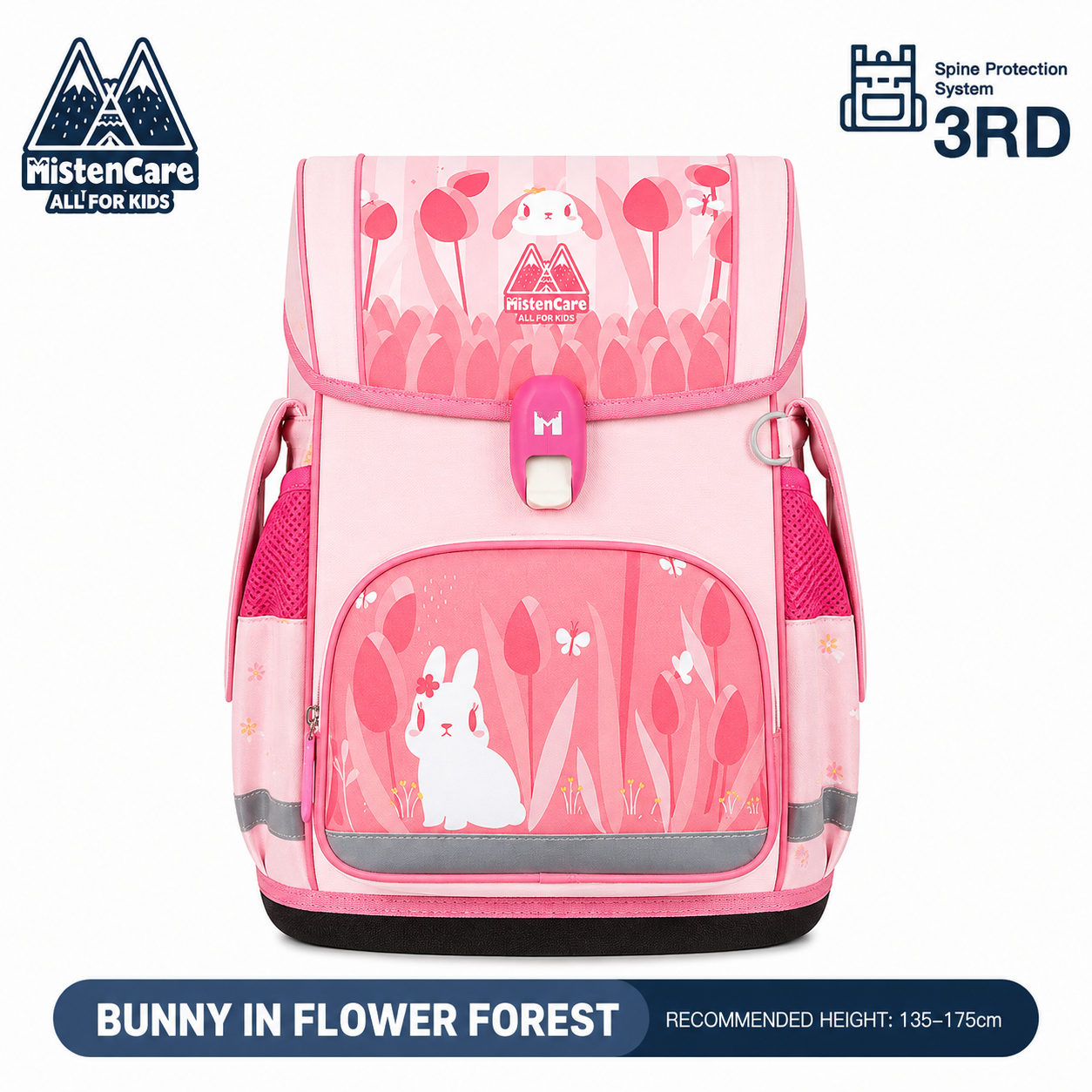 【Mistencare】3rd Generation Buckle Backpack for Grades 3–6, Ergonomic Spine Support, Pressure-Relieving, Ultra-Lightweight, Large-Capacity Primary School Backpack,Cute Bunny in the Flower Garden Design, ML733