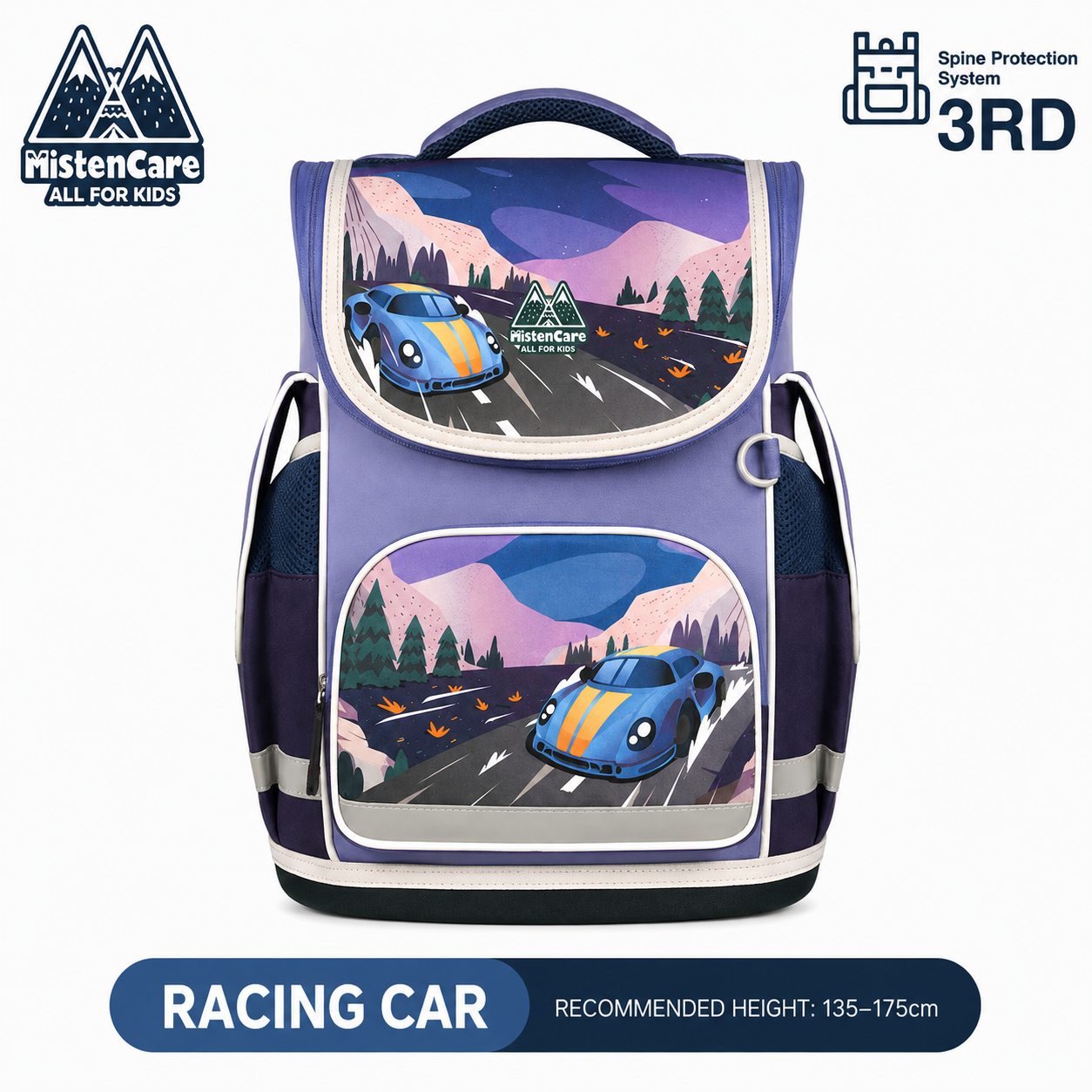 【Mistencare】3rd Generation Zipper Backpack for Grades 3–6, Ergonomic Spine Support, Pressure-Relieving, Ultra-Lightweight, Large-Capacity Primary School Backpack,  Colorful Racing Car Design, ML822