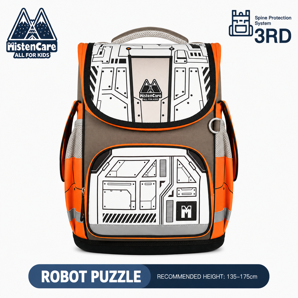 【Mistencare】3rd Generation Zipper Backpack for Grades 3–6, Ergonomic Spine Support, Pressure-Relieving, Ultra-Lightweight, Large-Capacity Primary School Backpack,  Future Robot Puzzle Design, ML844