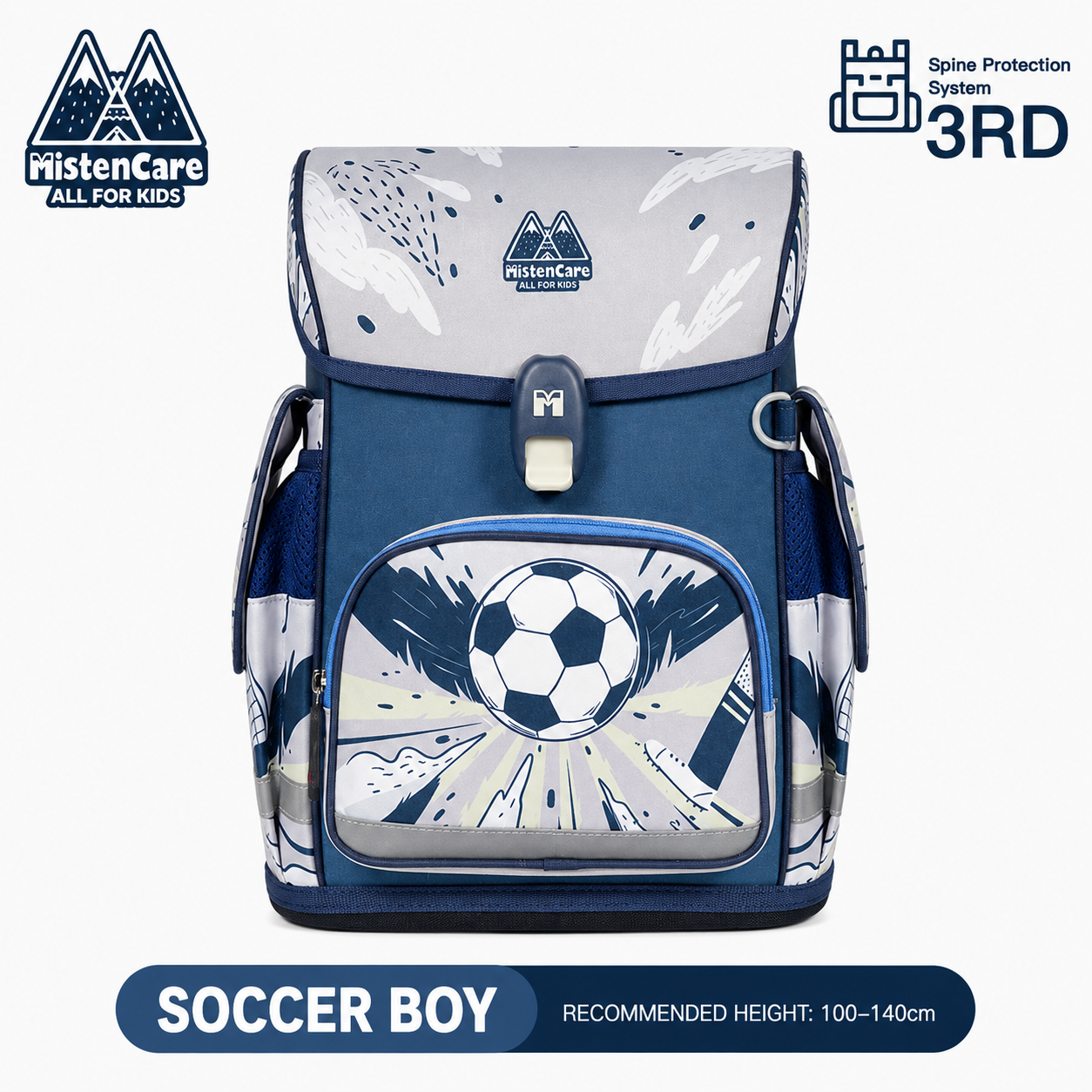 【Mistencare】3rd Generation Buckle Backpack for Grades 1–3, Ergonomic Spine Support, Pressure-Relieving, Ultra-Lightweight, Large-Capacity Primary School Backpack,  Soccer Boy Design, MS600