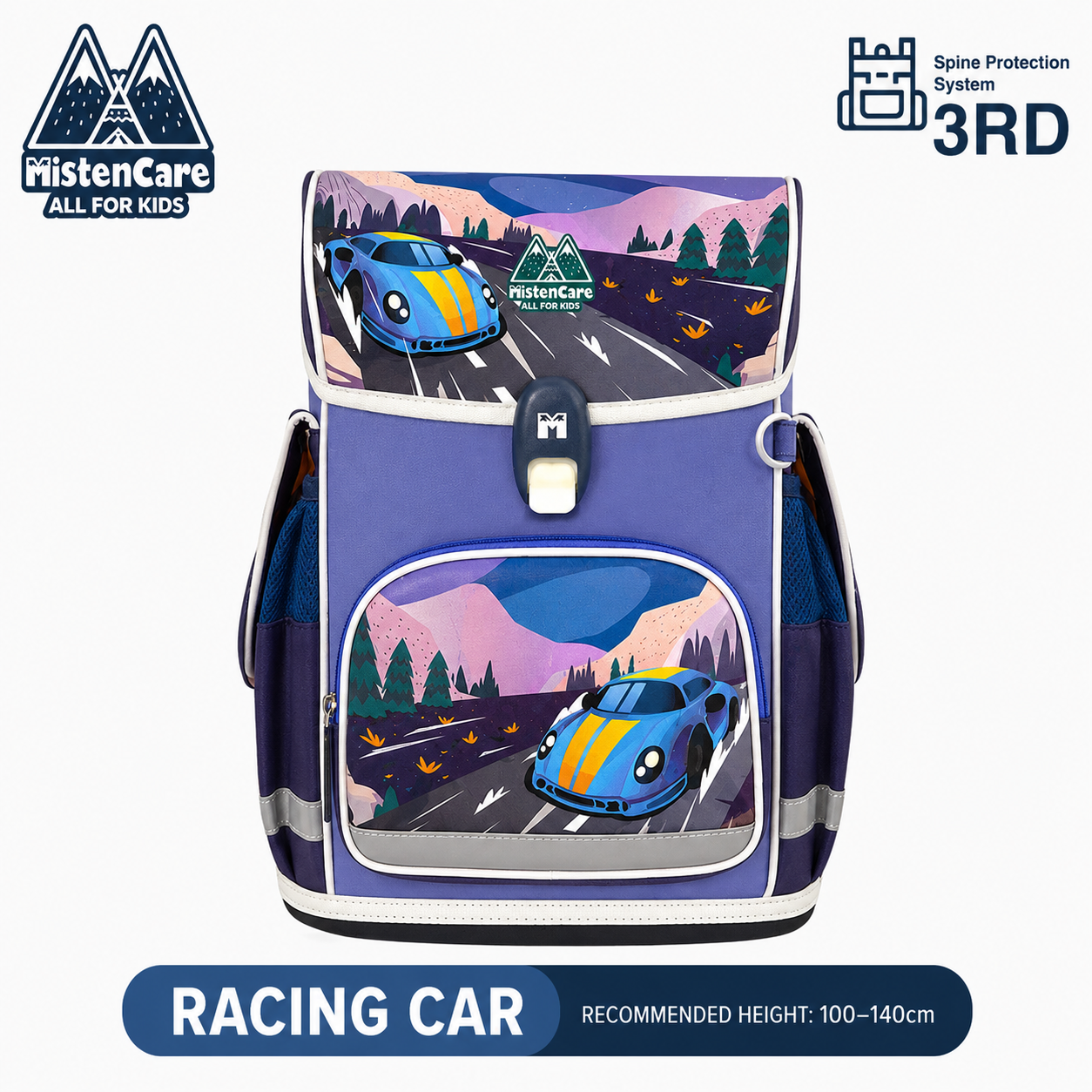 【Mistencare】3rd Generation Buckle Backpack for Grades 1–3, Ergonomic Spine Support, Pressure-Relieving, Ultra-Lightweight, Large-Capacity Primary School Backpack,  Colorful Racing Car Design, MS622