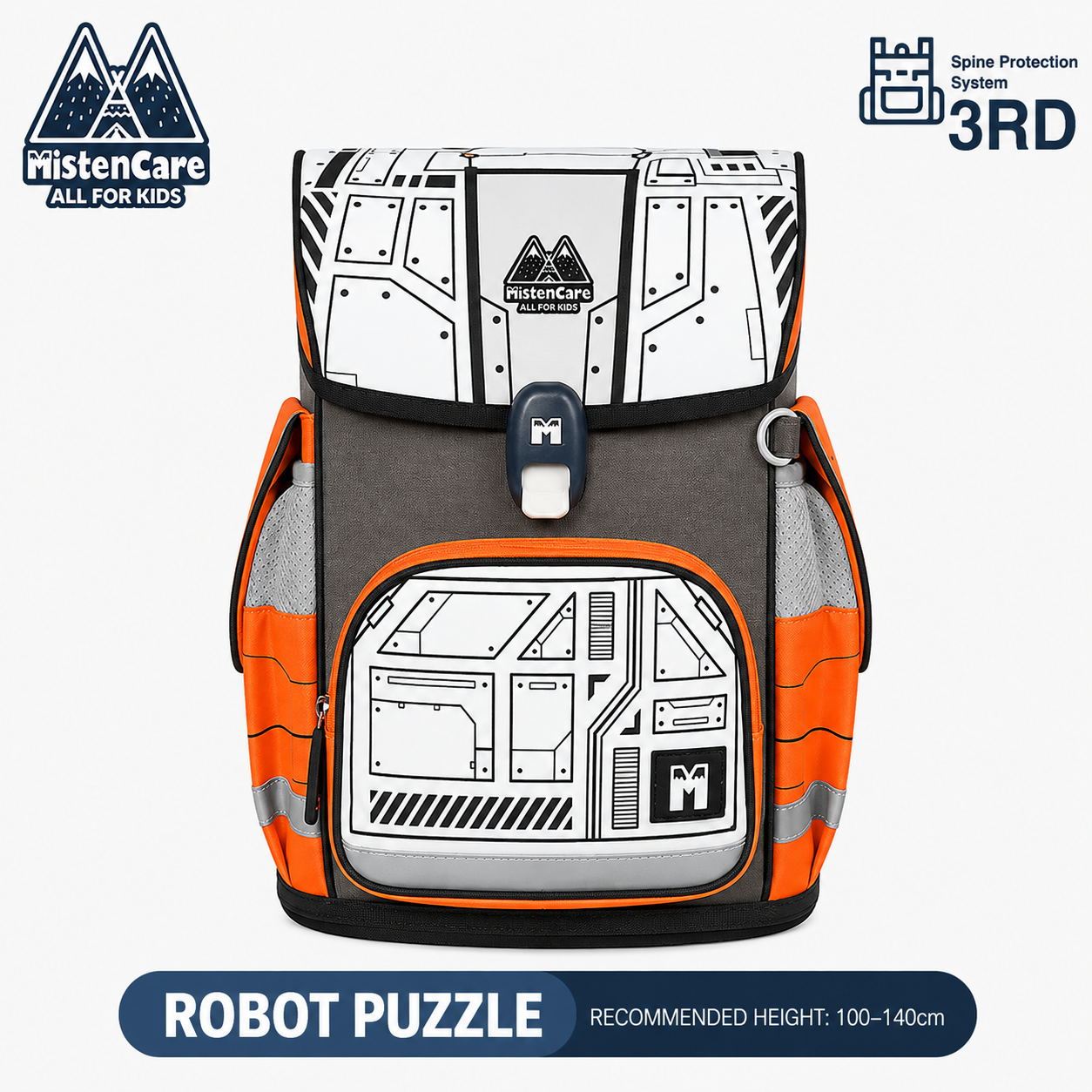 【Mistencare】3rd Generation Buckle Backpack for Grades 1–3, Ergonomic Spine Support, Pressure-Relieving, Ultra-Lightweight, Large-Capacity Primary School Backpack, Future Robot Puzzle Design, MS644