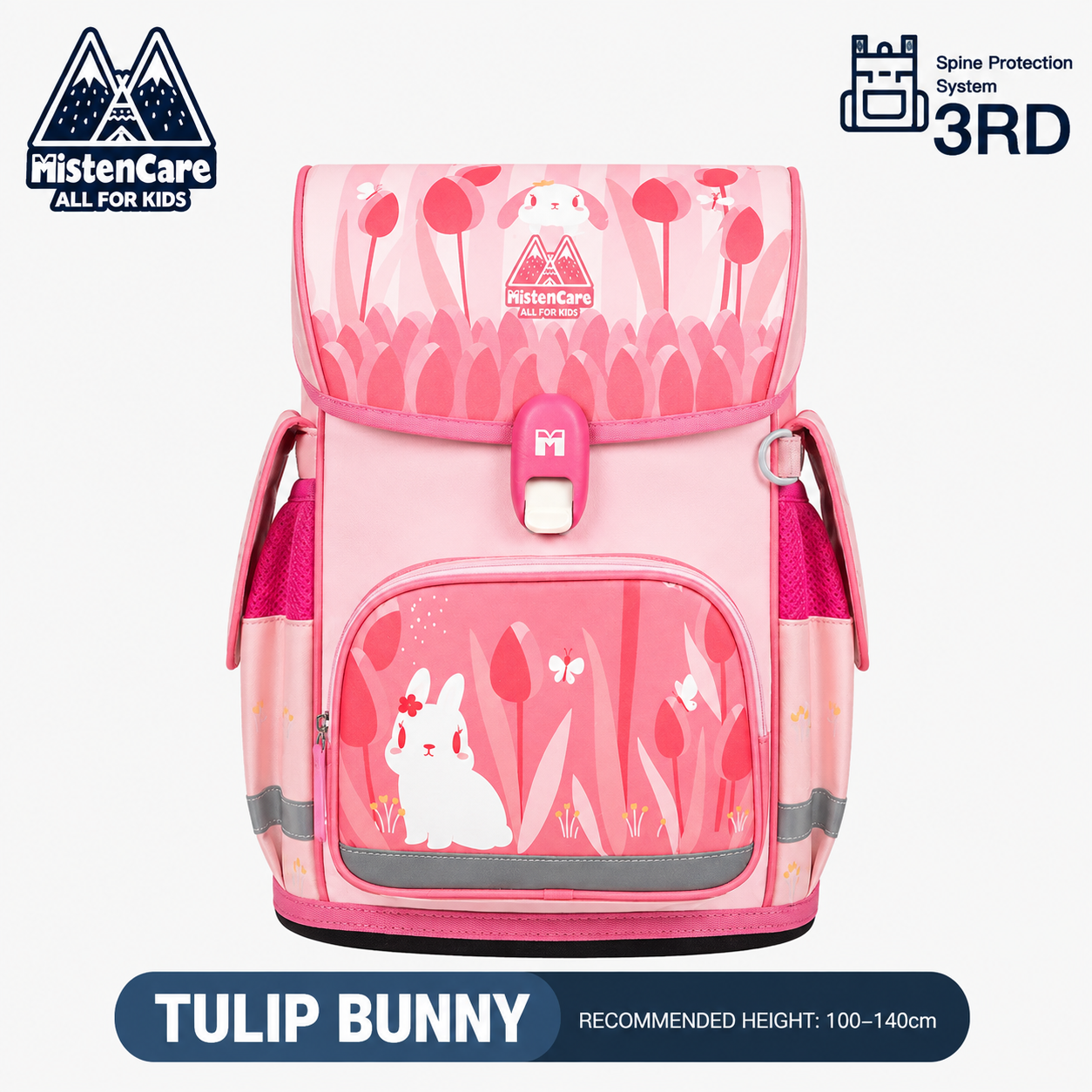 【Mistencare】3rd Generation Buckle Backpack for Grades 1–3, Ergonomic Spine Support, Pressure-Relieving, Ultra-Lightweight, Large-Capacity Primary School Backpack, Cute Bunny in the Flower Garden Design, MS733